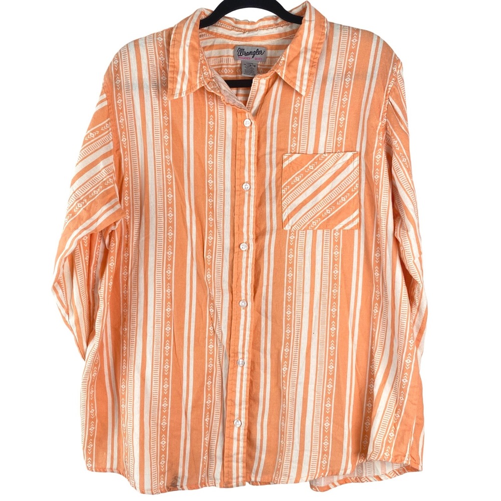 Wrangler Womens Button Up Flannel Shirt L Orange Aztec Western Cowgirl Rodeo